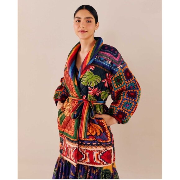 Farm Rio Crochet Sleeve Puffer Jacket Patchwork Tapestry Winter Tropical Longlin